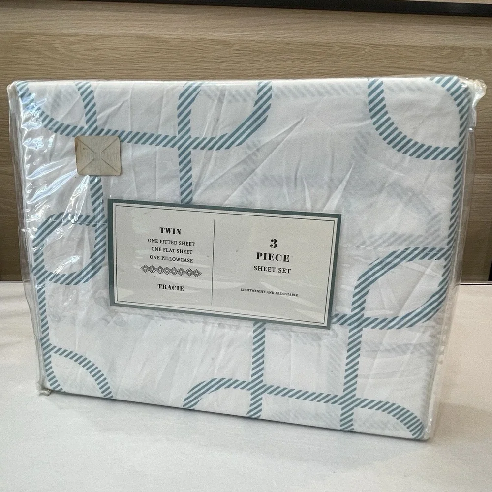 Tracie Twin Sheet Set 3 Piece White Aqua Blue Geometric Pattern New In Package